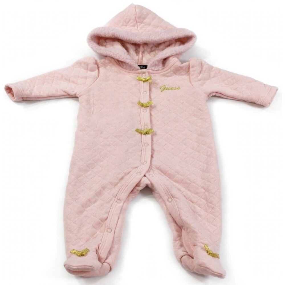 Baby GUESS Bunting 3-6M Pink Quilted Hooded Footed Gold Bows One Piece Girls